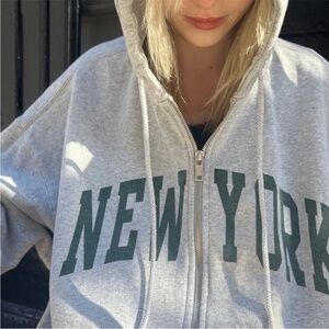 Brandy Melville Christy New York Zip Hoodie Sweatshirt Gray Green John Galt L XL